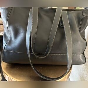 Coach  Black Leather Shoulder Bag with white stitching and silver zipper